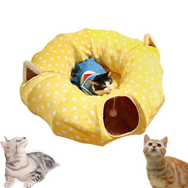 AUOON Cat Tunnel Bed - Christmas Tree Cat Tunnel, Cat Donut Tunnel with Soft Plush Circle Cushion for Indoor Cats Kitten Kitty Puppy Rabbit Ferret (Yellow) - Image 1